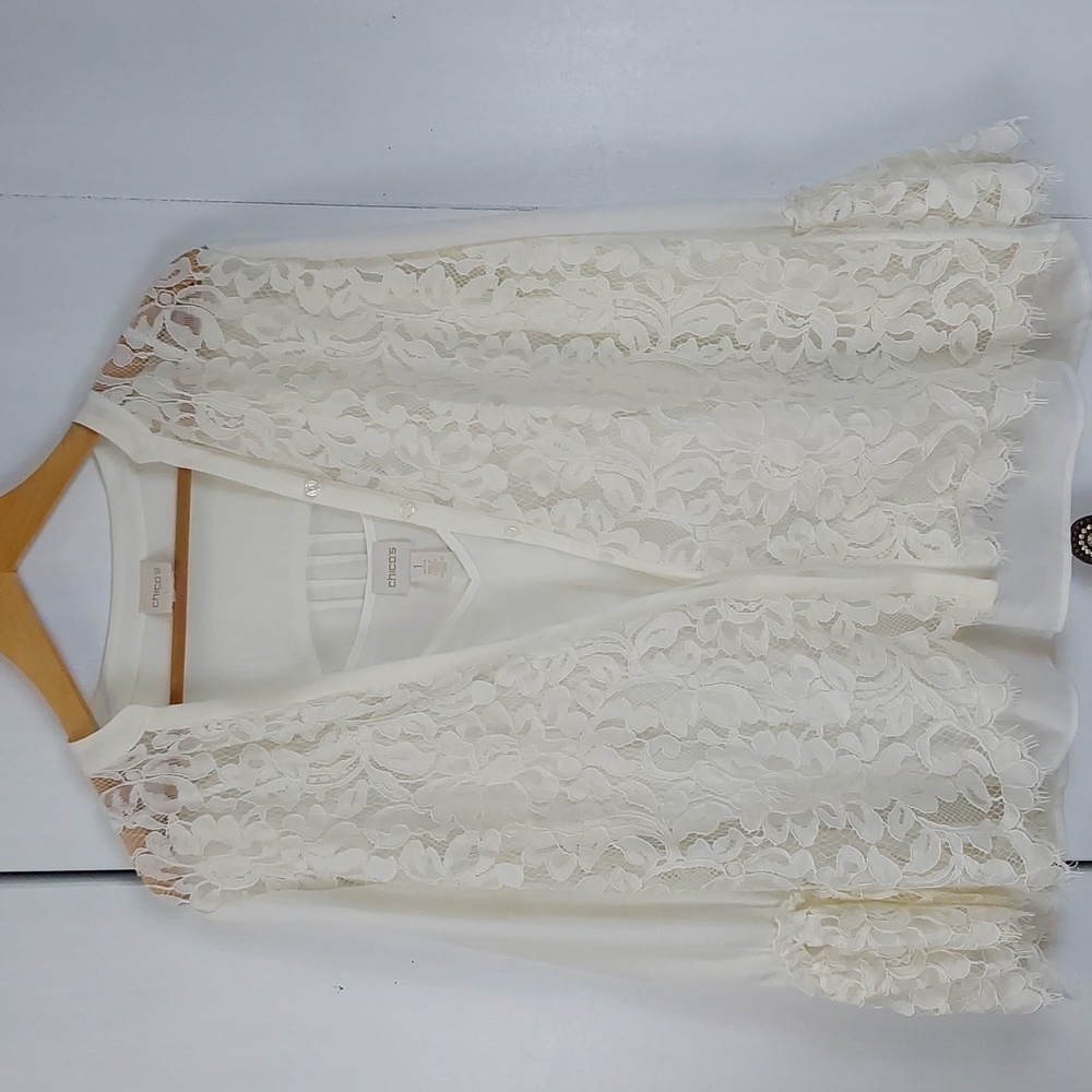 Chico's |Womens Cream Camisole Open Lace 2 Piece Cardigan Set Neutral Sz.Med P